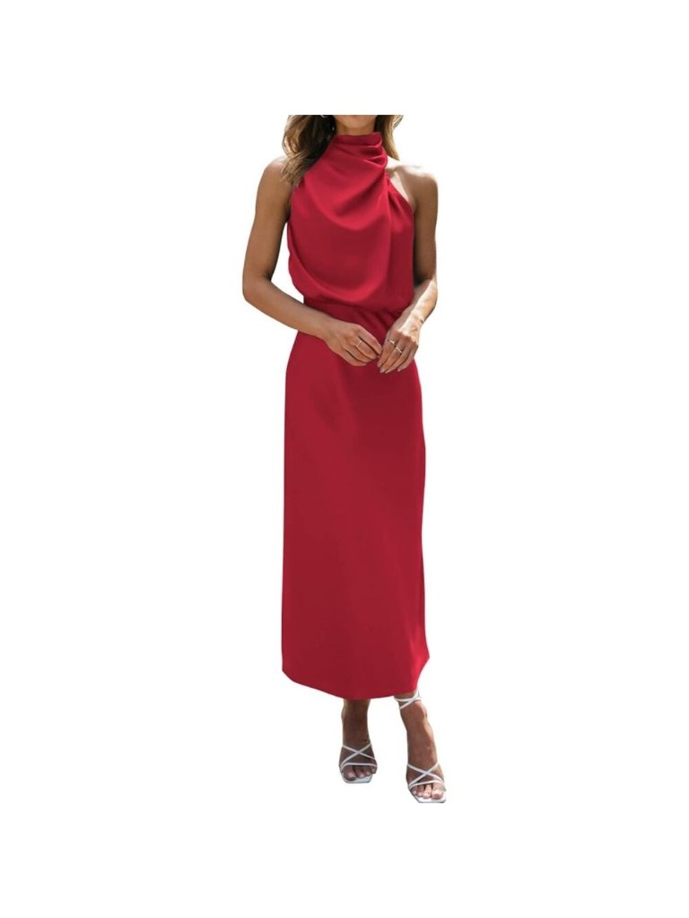 Women's Red Cocktail Dressess For Satin Silk Sleeveless High Waist Maxi